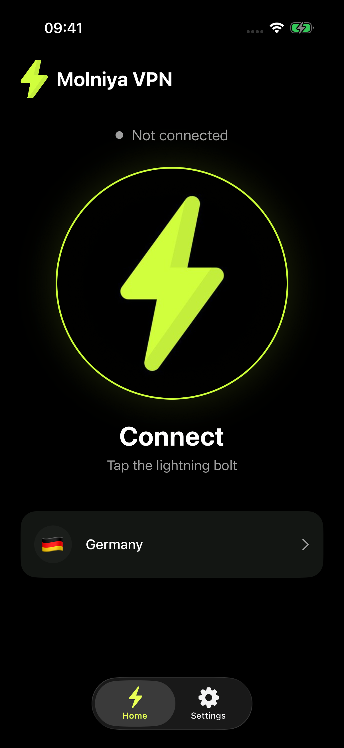 Molniya VPN home screen with connection status, chosen server, and navigation