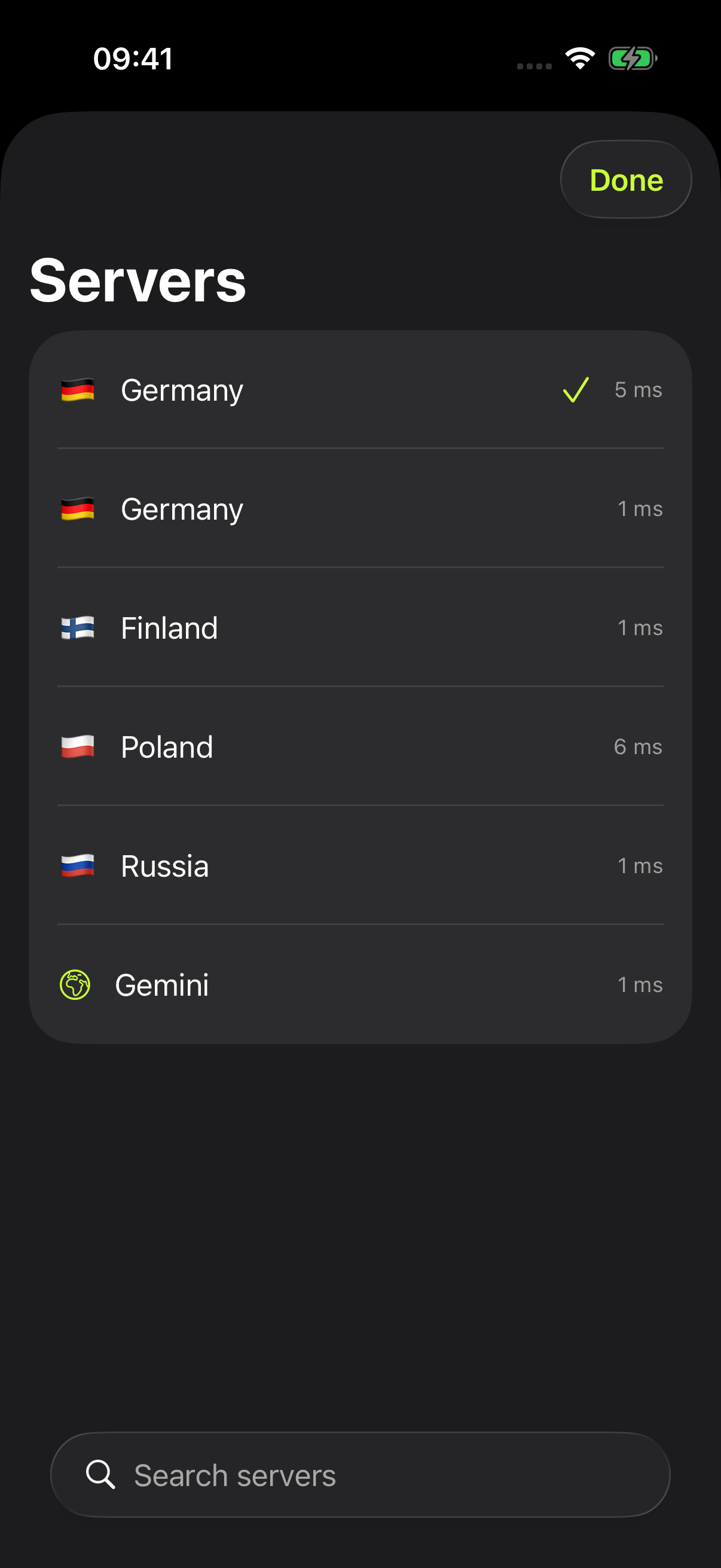 Server selection screen in Molniya VPN